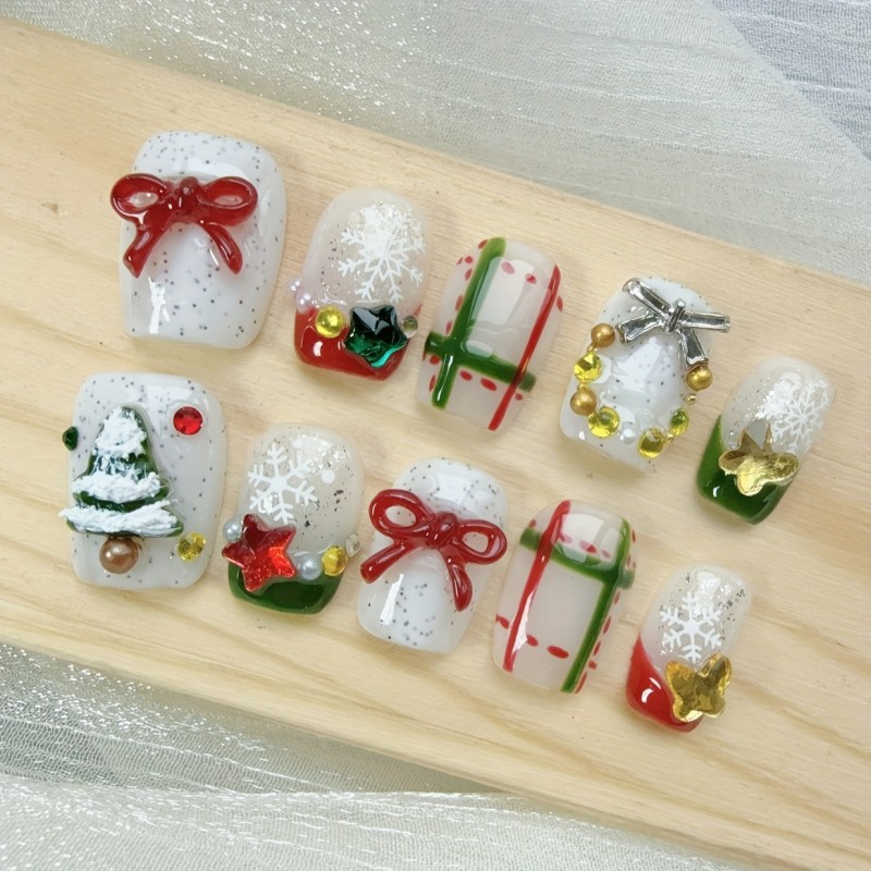 10pcs High-End Christmas Tree Christmas Snowflake Handmade Fake Nails, Christmas Holiday Nail Decorations, Christmas Holiday Girl Nail Patches