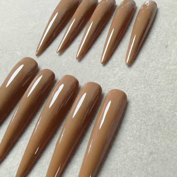 Ten-Pack Handmade Wearable Nails for Women Full Coverage Nail Stickers Reusable Long Teardrop Manicure Sheets Solid Chocolate Brown
