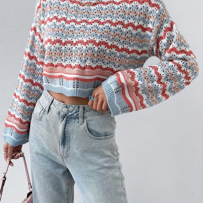 Women's Color Block Soft Warm Long Sleeve Round Neck Pullover Sweater