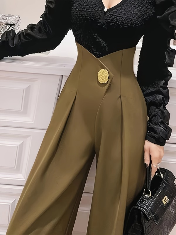 Solid Color Women's High-Waisted Straight-Leg Pants with 3D Button Detail - Machine Washable Trousers for Office & Casual Wear, All-Season Versatile Design