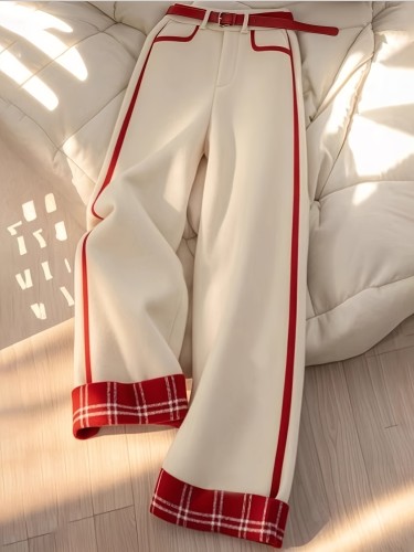 Women's Wide-Leg Pants - Beige and Red Non-Stretch Trousers