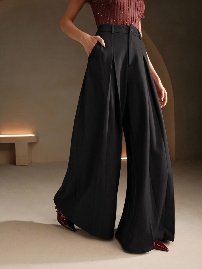 Women'S Elegant Wide-Leg Trousers - Solid Color All-Season High-Waisted Pants with Smooth Texture