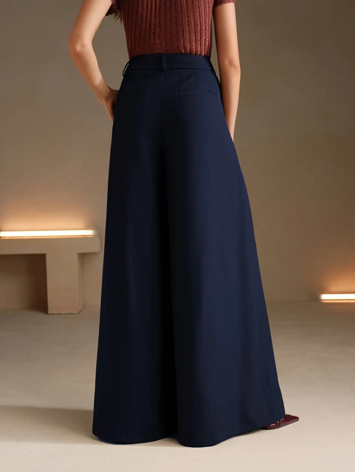 Women'S Elegant Wide-Leg Trousers - Solid Color All-Season High-Waisted Pants with Smooth Texture