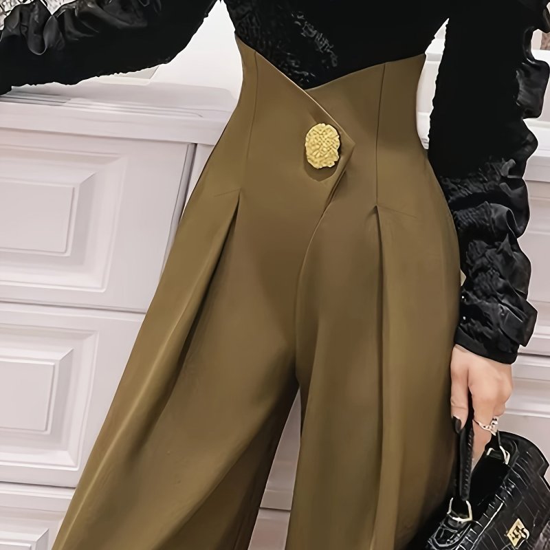Solid Color Women's High-Waisted Straight-Leg Pants with 3D Button Detail - Machine Washable Trousers for Office & Casual Wear, All-Season Versatile Design