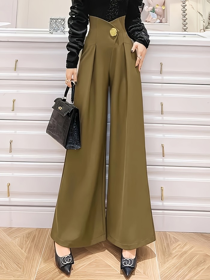 Solid Color Women's High-Waisted Straight-Leg Pants with 3D Button Detail - Machine Washable Trousers for Office & Casual Wear, All-Season Versatile Design