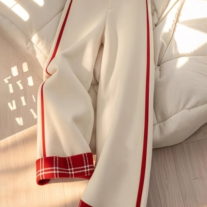Women's Wide-Leg Pants - Beige and Red Non-Stretch Trousers
