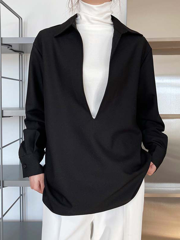 Solid Color Loose Long Sleeves V-Neck Blouses