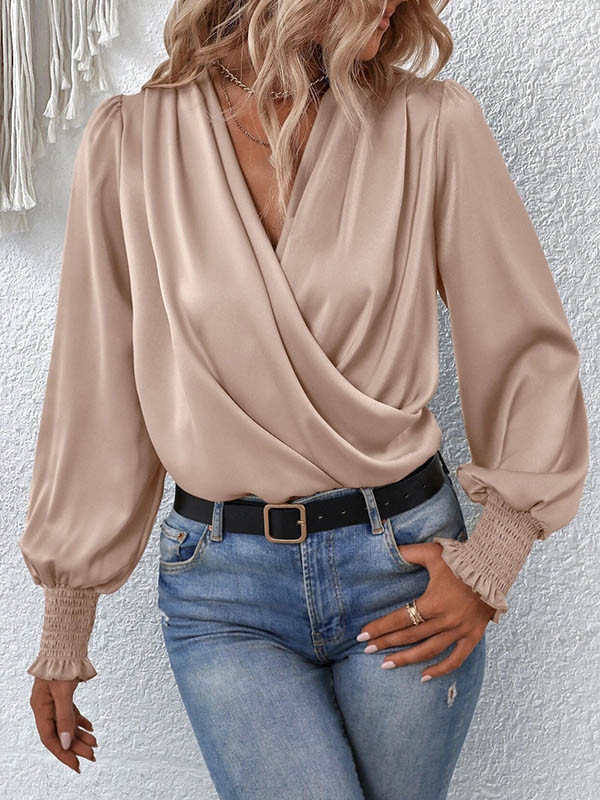 Solid Color Elasticity Loose Long Sleeves V-Neck Blouses&Shirts Tops