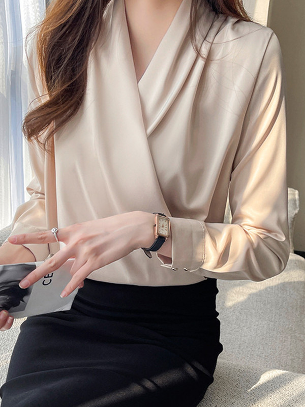 Solid Color Buttoned Loose Long Sleeves V-Neck Blouses&Shirts Tops