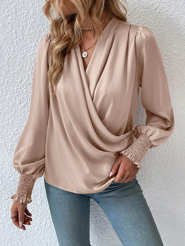 Solid Color Elasticity Loose Long Sleeves V-Neck Blouses&Shirts Tops