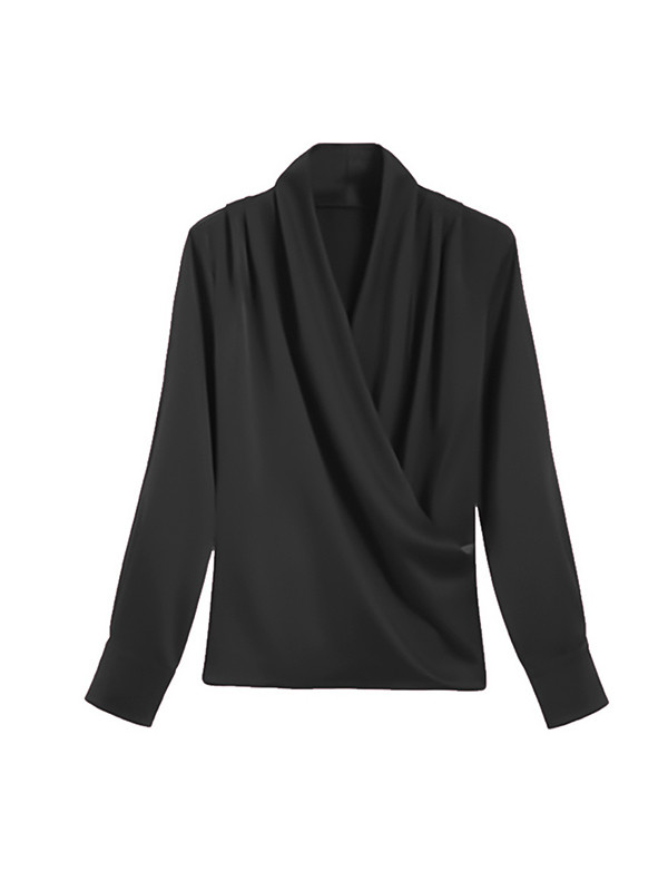 Solid Color Buttoned Loose Long Sleeves V-Neck Blouses&Shirts Tops