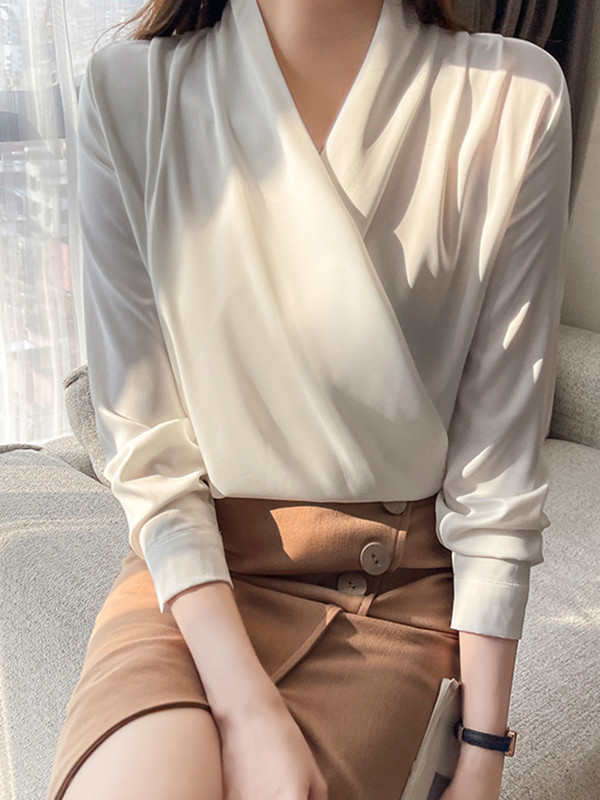 Solid Color Buttoned Loose Long Sleeves V-Neck Blouses&Shirts Tops