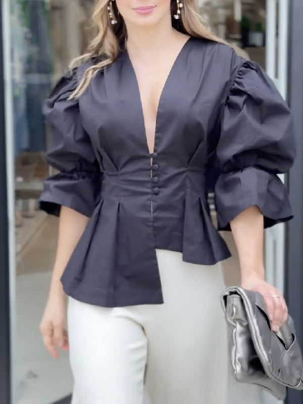 Solid Color Buttoned Asymmetric Puff Sleeves High-Low Deep V-Neck Blouses&Shirts Tops