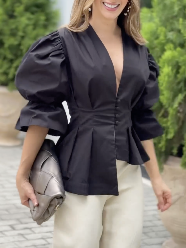 Solid Color Buttoned Asymmetric Puff Sleeves High-Low Deep V-Neck Blouses&Shirts Tops