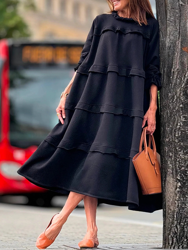 Split-Joint Solid Color Ruffled Loose A-Line Round-Neck Maxi Dresses