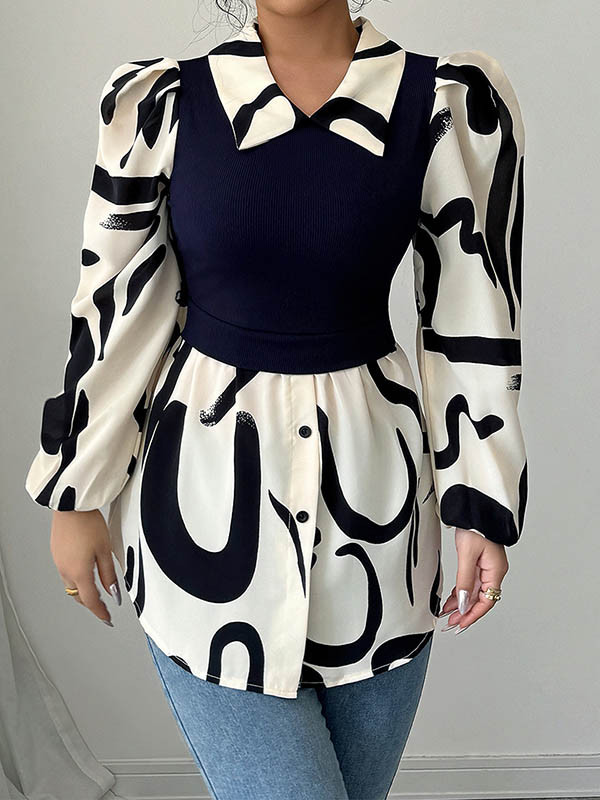 Split-Joint Pleated Contrast Color Buttoned Puff Sleeves Loose Lapel Blouses&Shirts Tops
