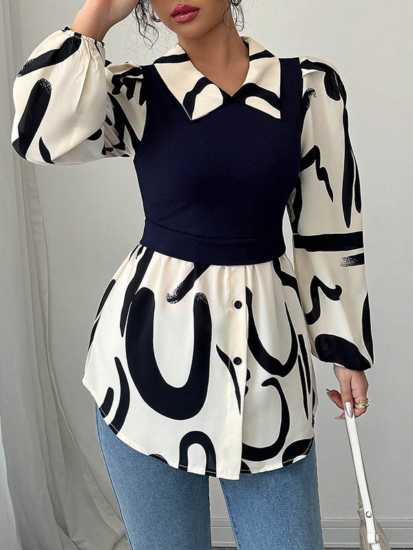 Split-Joint Pleated Contrast Color Buttoned Puff Sleeves Loose Lapel Blouses&Shirts Tops