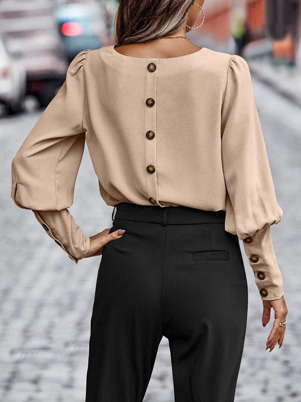 Buttoned Puff Sleeves Loose Round-neck Blouses&shirts Tops