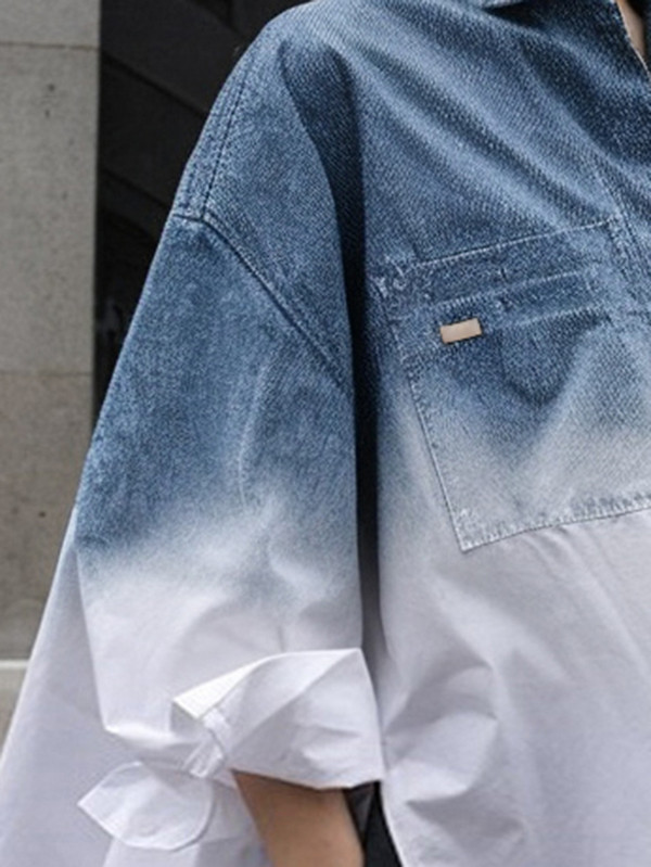 Split-side Split-Joint Printed Gradient Loose High-low Lapel Blouses&shirts Tops