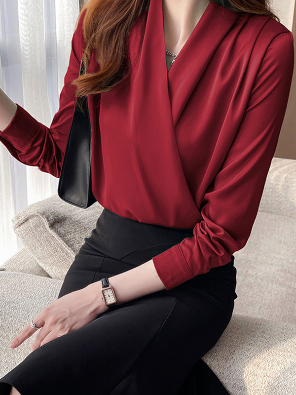 Solid Color Buttoned Loose Long Sleeves V-Neck Blouses&Shirts Tops