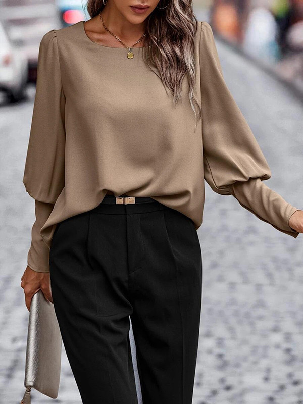 Buttoned Puff Sleeves Loose Round-neck Blouses&shirts Tops