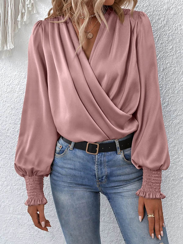 Solid Color Elasticity Loose Long Sleeves V-Neck Blouses&Shirts Tops