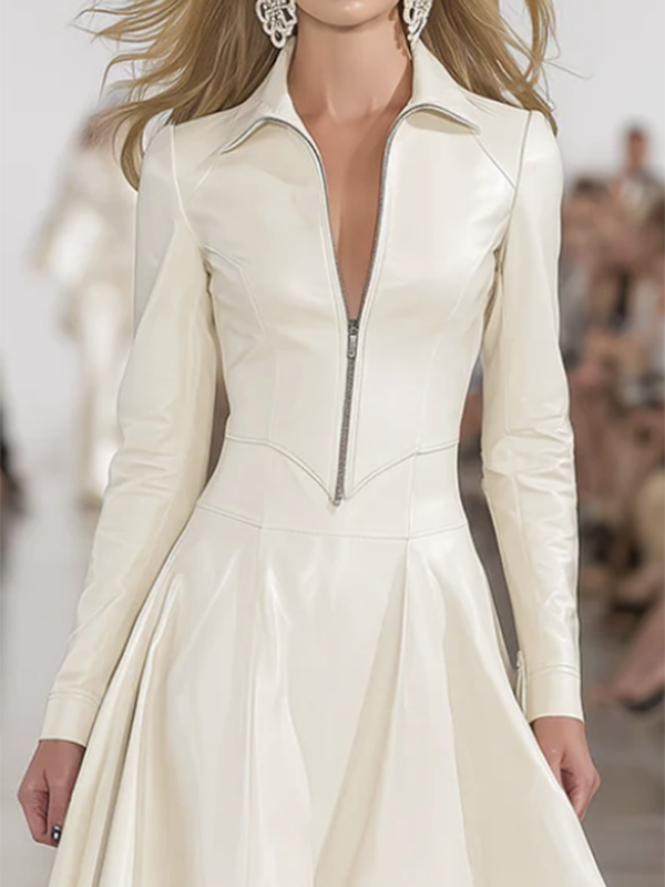 Zipper Soft Skinny Long Sleeves Lapel Midi Dresses