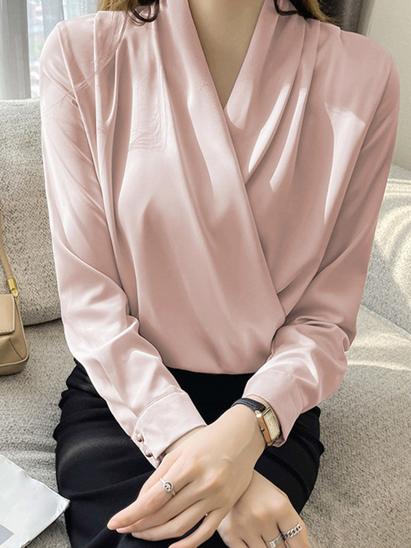 Solid Color Buttoned Loose Long Sleeves V-Neck Blouses&Shirts Tops