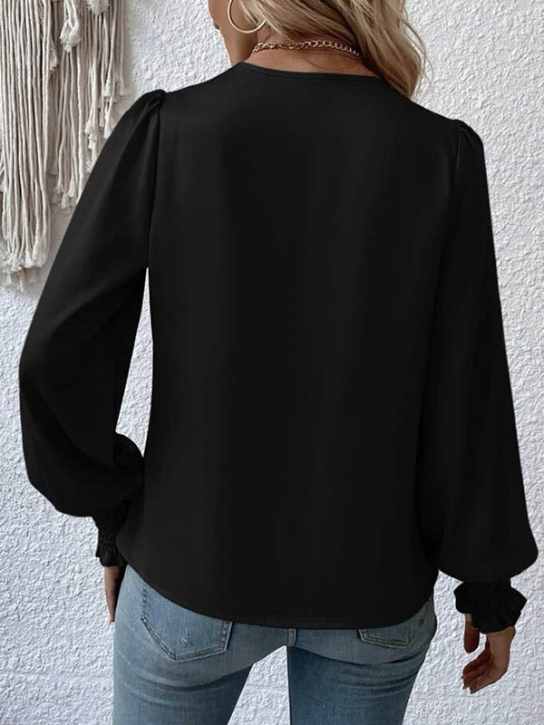Solid Color Elasticity Loose Long Sleeves V-Neck Blouses&Shirts Tops