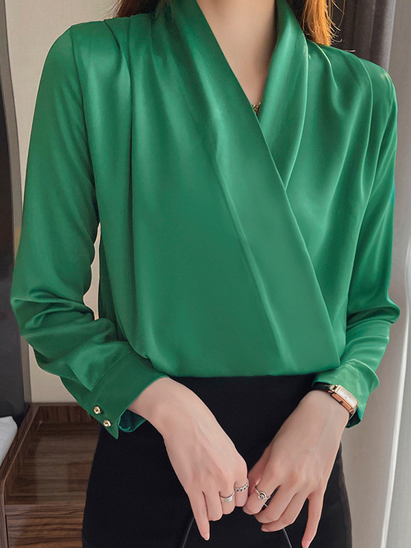 Solid Color Buttoned Loose Long Sleeves V-Neck Blouses&Shirts Tops