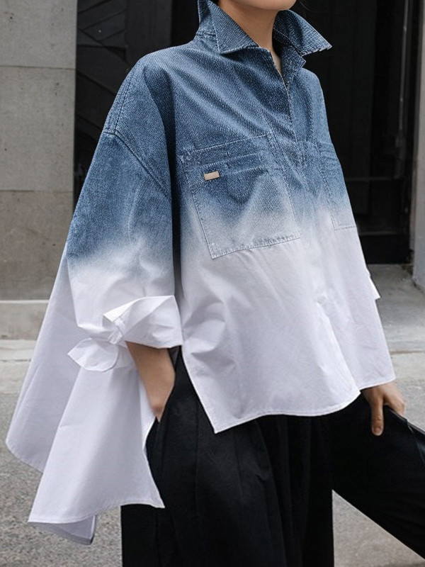Split-side Split-Joint Printed Gradient Loose High-low Lapel Blouses&shirts Tops