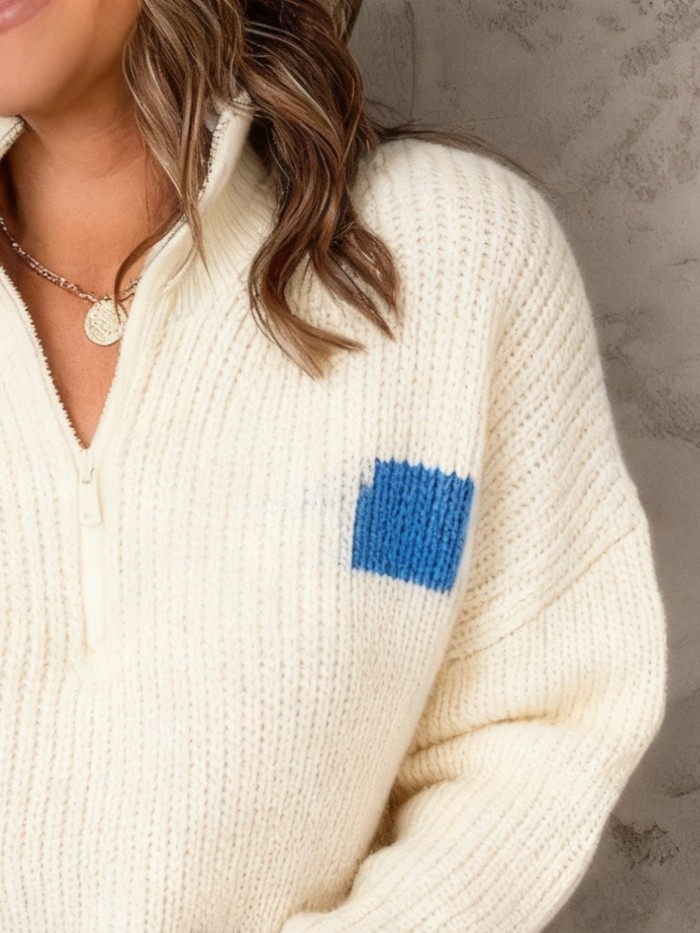 Women'S Soft Light & Striped Zip-Up Mock Neck Sweater