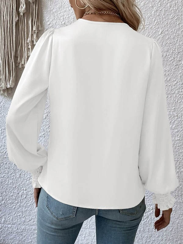 Solid Color Elasticity Loose Long Sleeves V-Neck Blouses&Shirts Tops