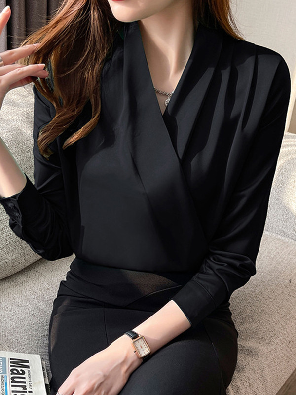 Solid Color Buttoned Loose Long Sleeves V-Neck Blouses&Shirts Tops