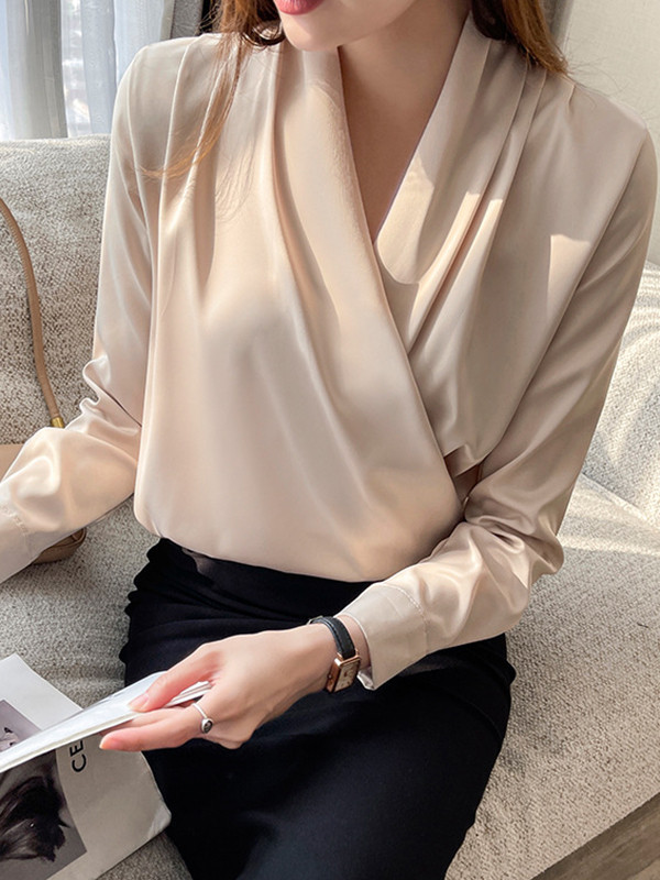 Solid Color Buttoned Loose Long Sleeves V-Neck Blouses&Shirts Tops