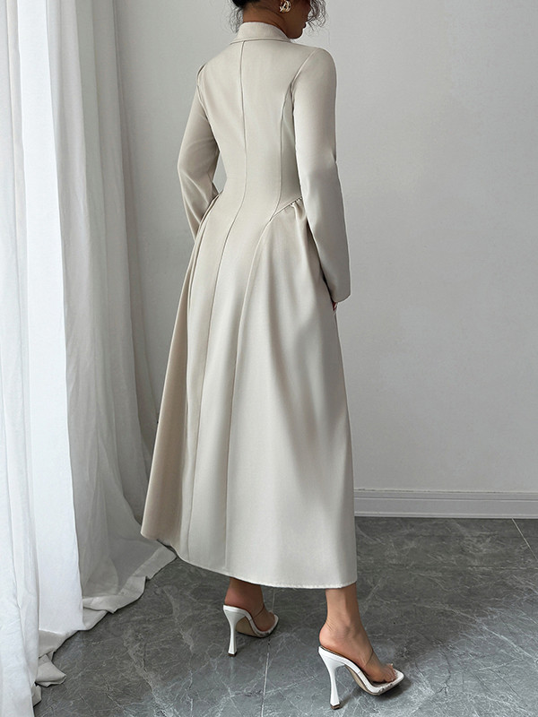 Split-Joint Solid Color Pleated Buttoned Loose Long Sleeves Notched Collar Shirt Dress Maxi Dresses