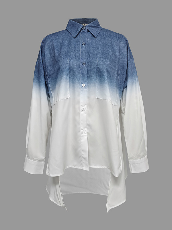 Split-side Split-Joint Printed Gradient Loose High-low Lapel Blouses&shirts Tops