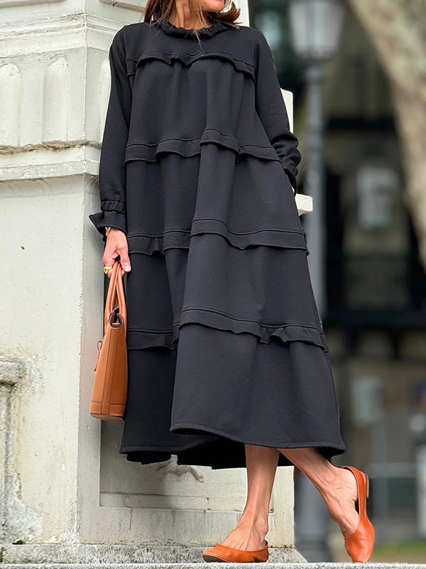 Split-Joint Solid Color Ruffled Loose A-Line Round-Neck Maxi Dresses