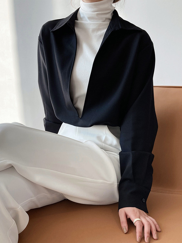 Solid Color Loose Long Sleeves V-Neck Blouses