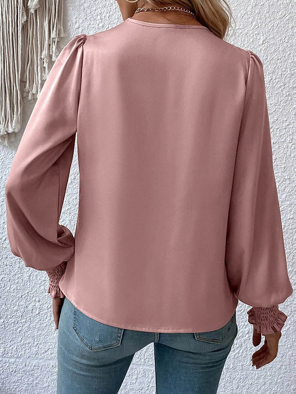 Solid Color Elasticity Loose Long Sleeves V-Neck Blouses&Shirts Tops