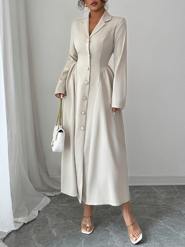 Split-Joint Solid Color Pleated Buttoned Loose Long Sleeves Notched Collar Shirt Dress Maxi Dresses