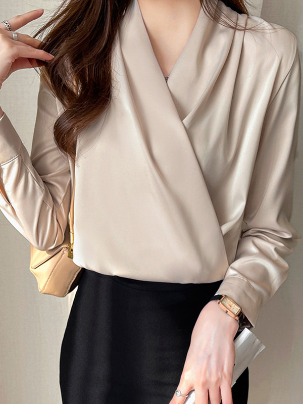 Solid Color Buttoned Loose Long Sleeves V-Neck Blouses&Shirts Tops