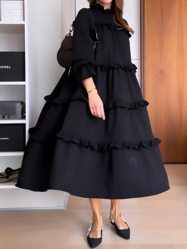 Split-Joint Solid Color Ruffled Loose A-Line Round-Neck Maxi Dresses