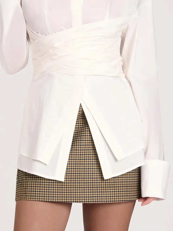 Tiered Split-Joint Solid Color Pleated Plus Size Long Sleeves Lapel Blouses&Shirts Tops