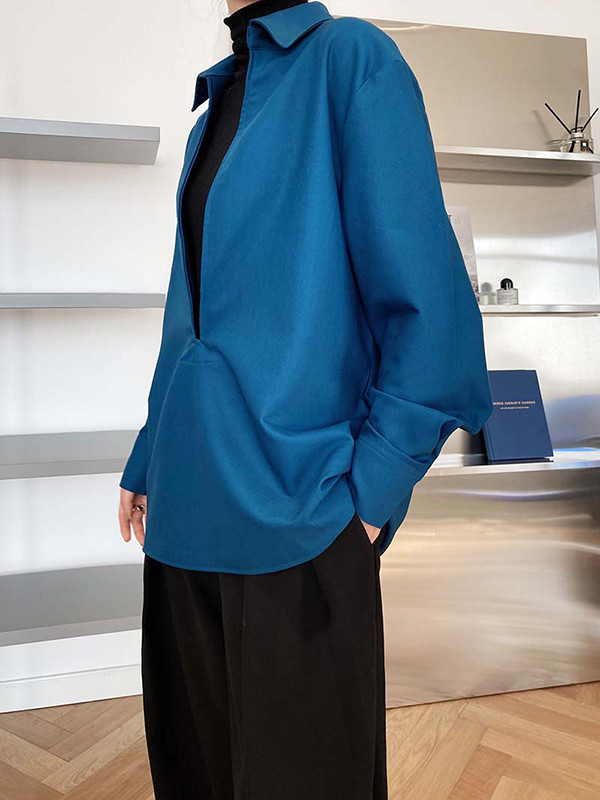 Solid Color Loose Long Sleeves V-Neck Blouses