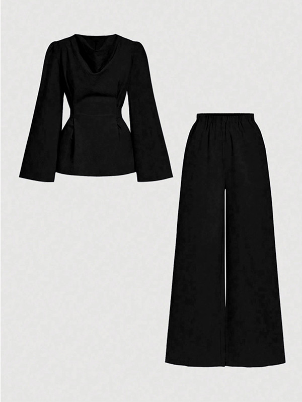 Long Sleeves Solid Color Split-Joint Tied Waist V-Neck Blouses&Shirts Tops
