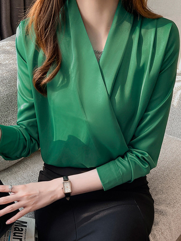 Solid Color Buttoned Loose Long Sleeves V-Neck Blouses&Shirts Tops