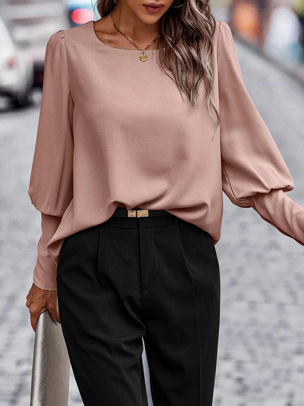 Buttoned Puff Sleeves Loose Round-neck Blouses&shirts Tops