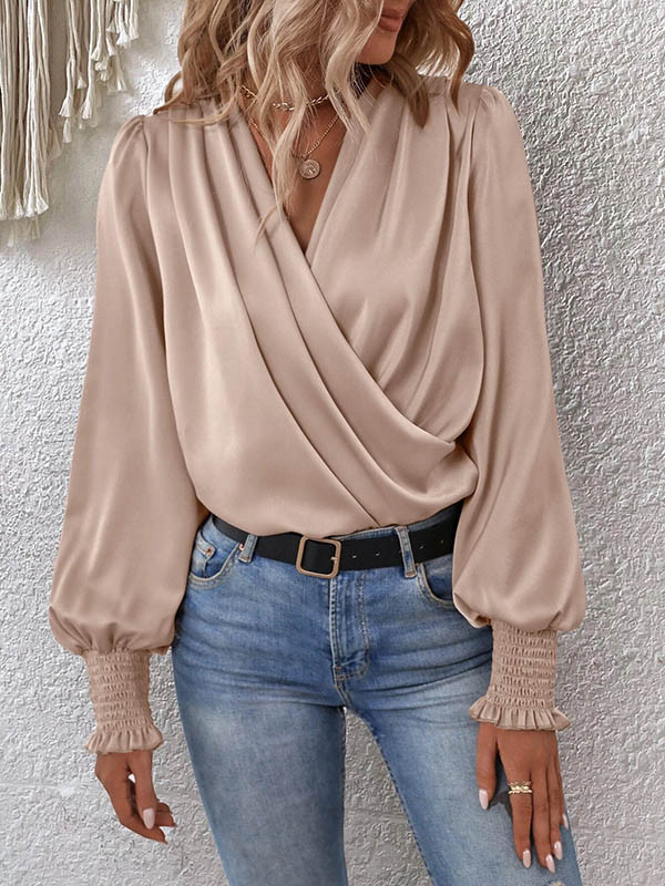 Solid Color Elasticity Loose Long Sleeves V-Neck Blouses&Shirts Tops