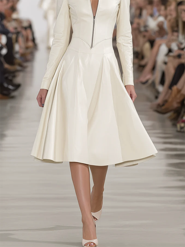 Zipper Soft Skinny Long Sleeves Lapel Midi Dresses